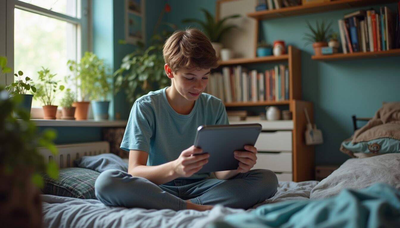 Teen relaxing with a tablet puzzle game in a slightly messy room. Teen relaxing with a tablet puzzle game in a slightly messy room.