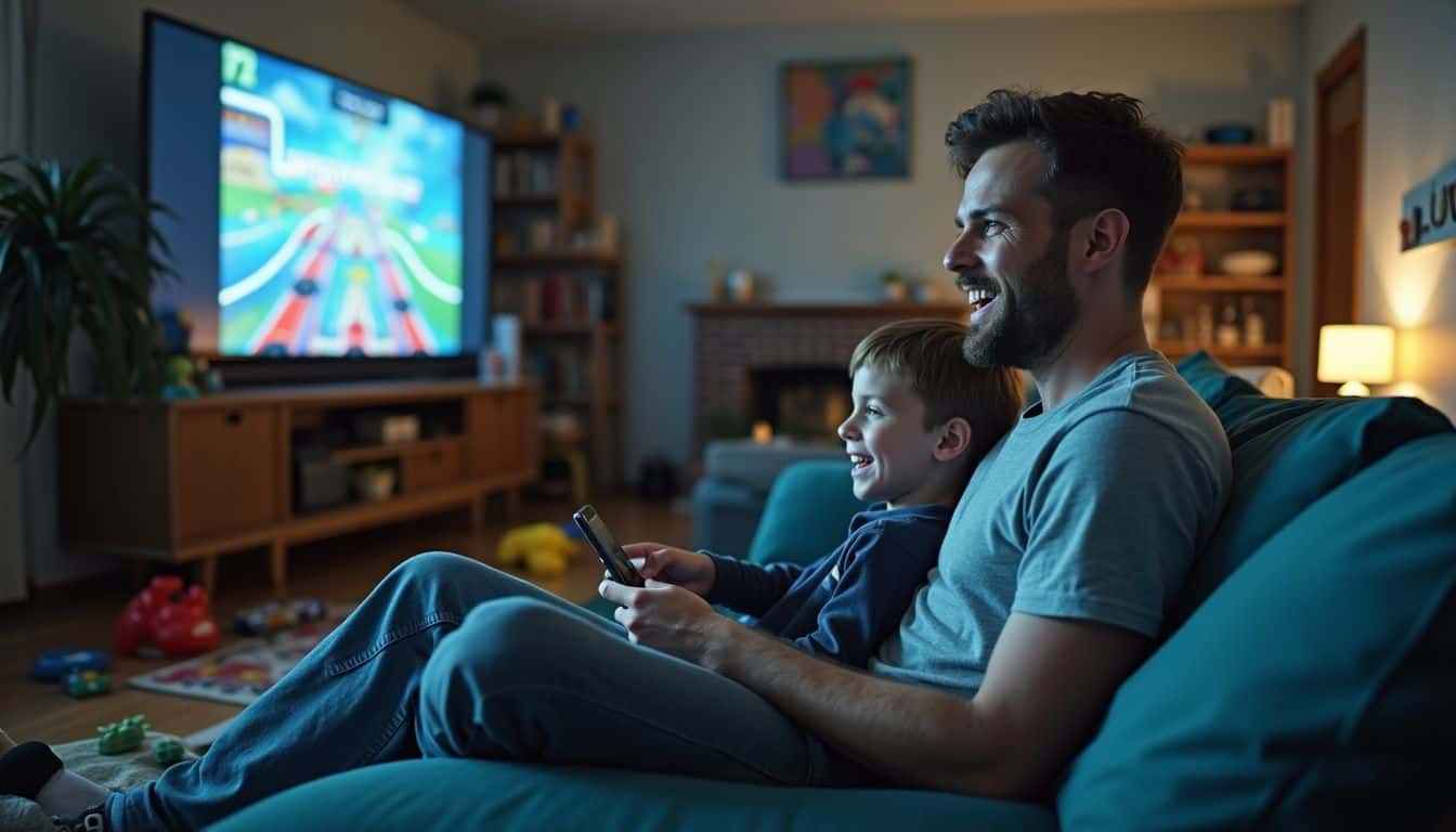 Dad and young son smiling while playing Mario Kart 8 Deluxe on the couch. Dad and young son smiling while playing Mario Kart 8 Deluxe on the couch.