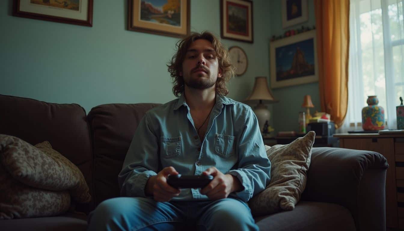 Man in a messy living room playing early in the morning while the house is quiet. Man in a messy living room playing early in the morning while the house is quiet.