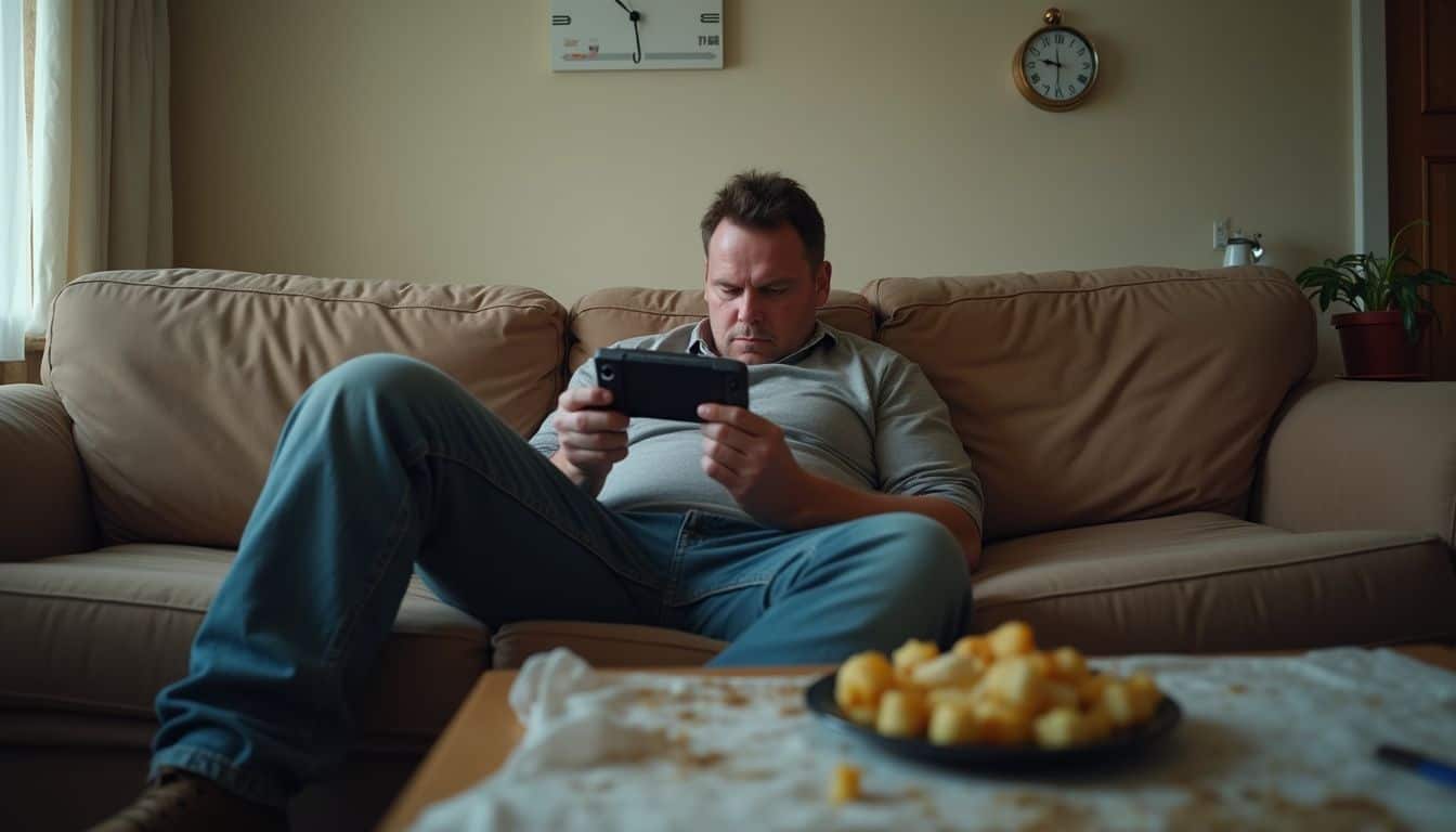 Tired man playing a handheld console on a cluttered coffee table after a long day. Tired man playing a handheld console on a cluttered coffee table after a long day.