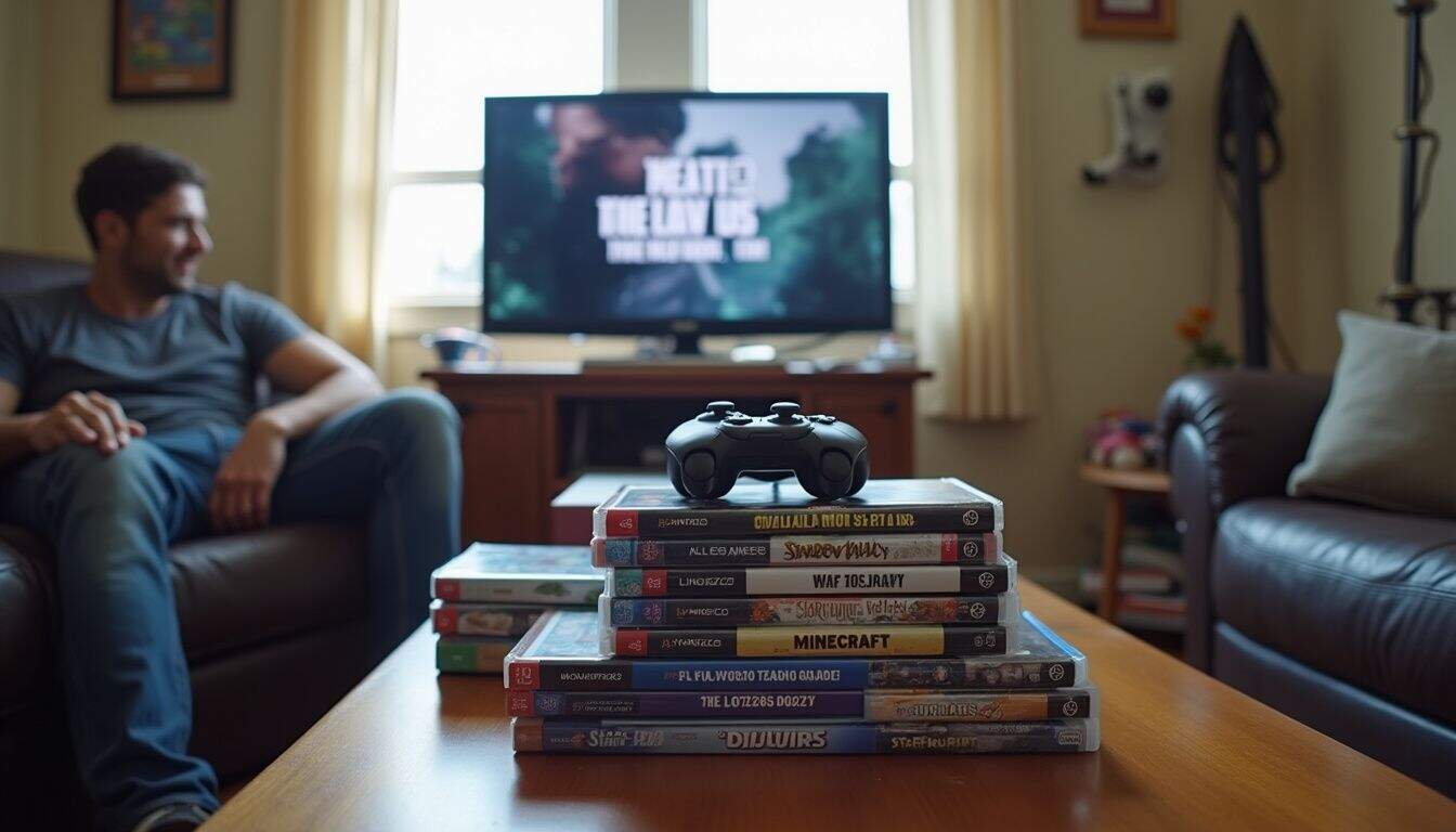 Casual living room scene with someone relaxed, playing a story-driven game. Casual living room scene with someone relaxed, playing a story-driven game.