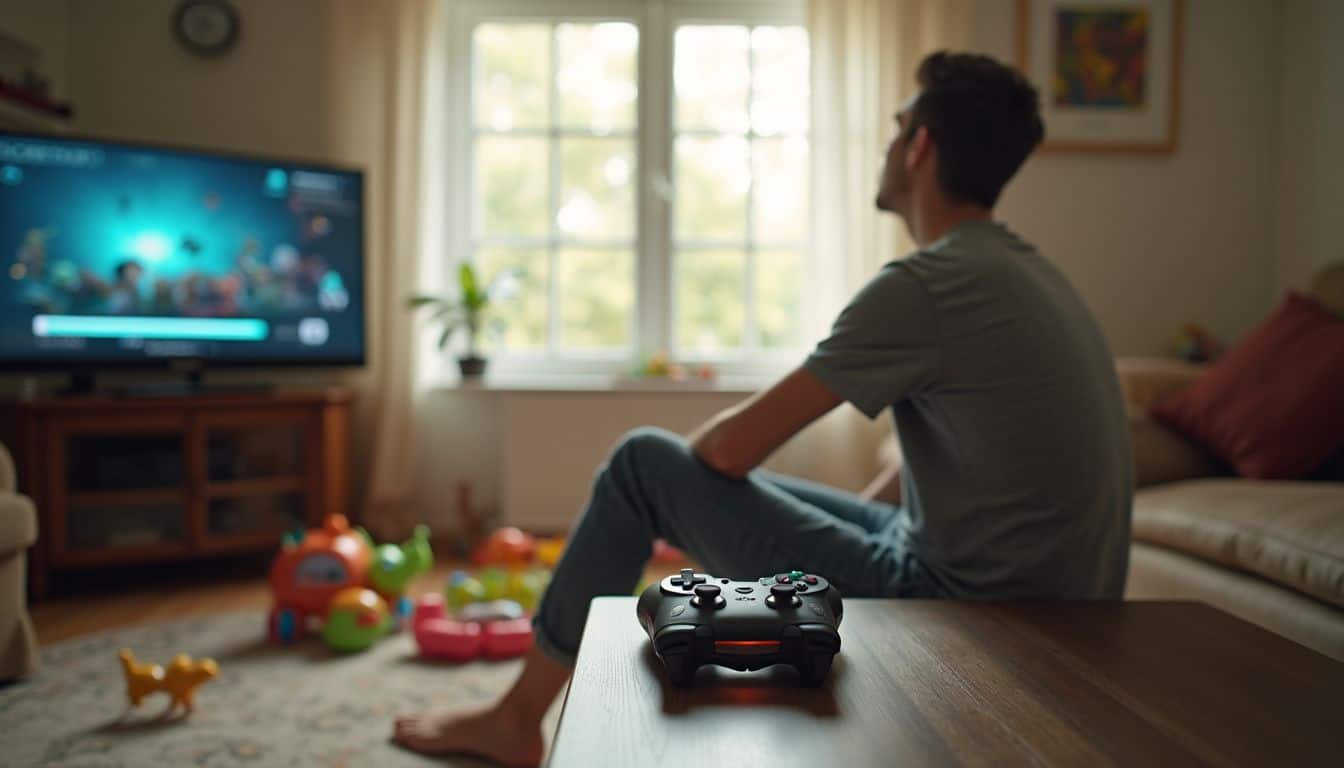 Dad in a lived-in room with toys and a paused game, taking a quiet moment. Dad in a lived-in room with toys and a paused game, taking a quiet moment.