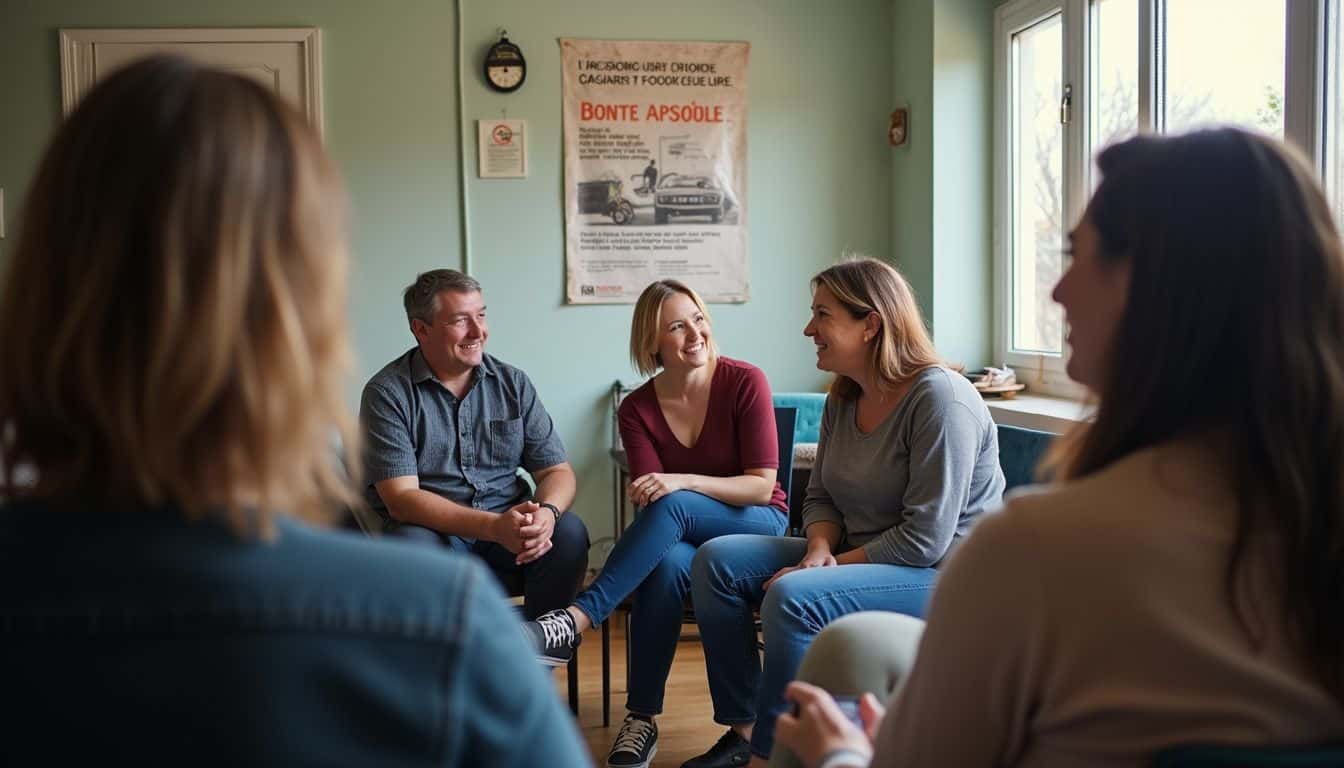 Casual support group of crash survivors sharing stories in a comfortable space.