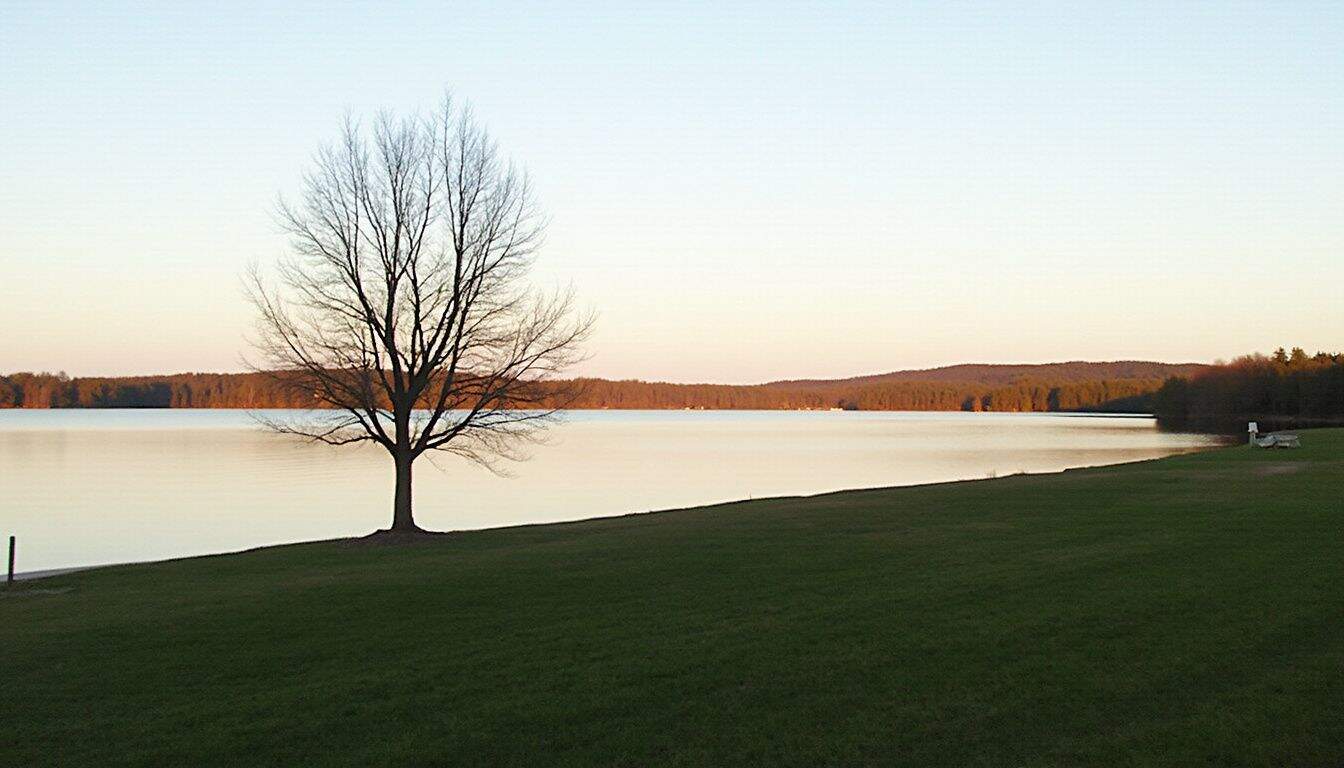 Quiet sunset over a lake, a simple scene for calming breath work.