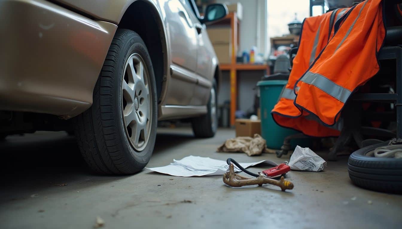 Scratched bumper in a garage with notes and tools, a scene for fact-finding.