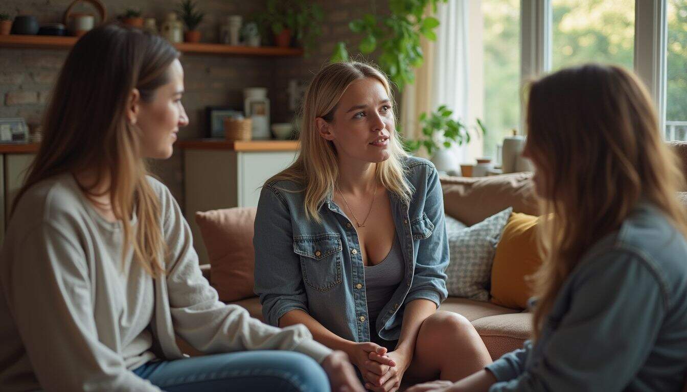 Friends talking in a cozy living room, offering real support after a crash.