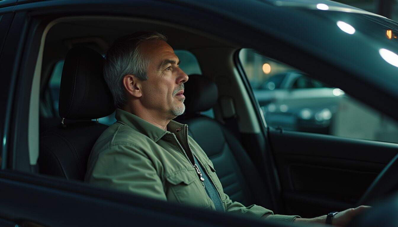 Driver in a parked car taking a calm breath before a refresher drive.
