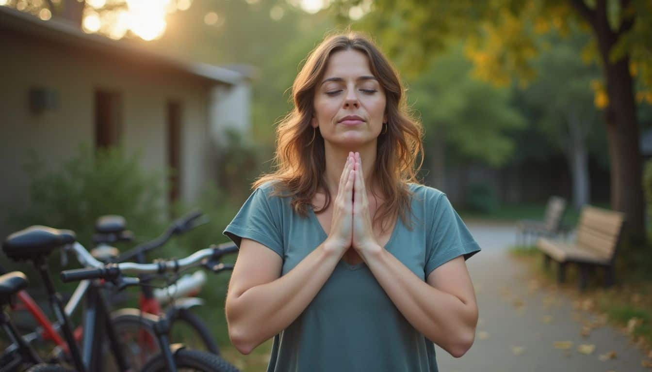 Person practicing calm breathing outdoors to reset after stress.