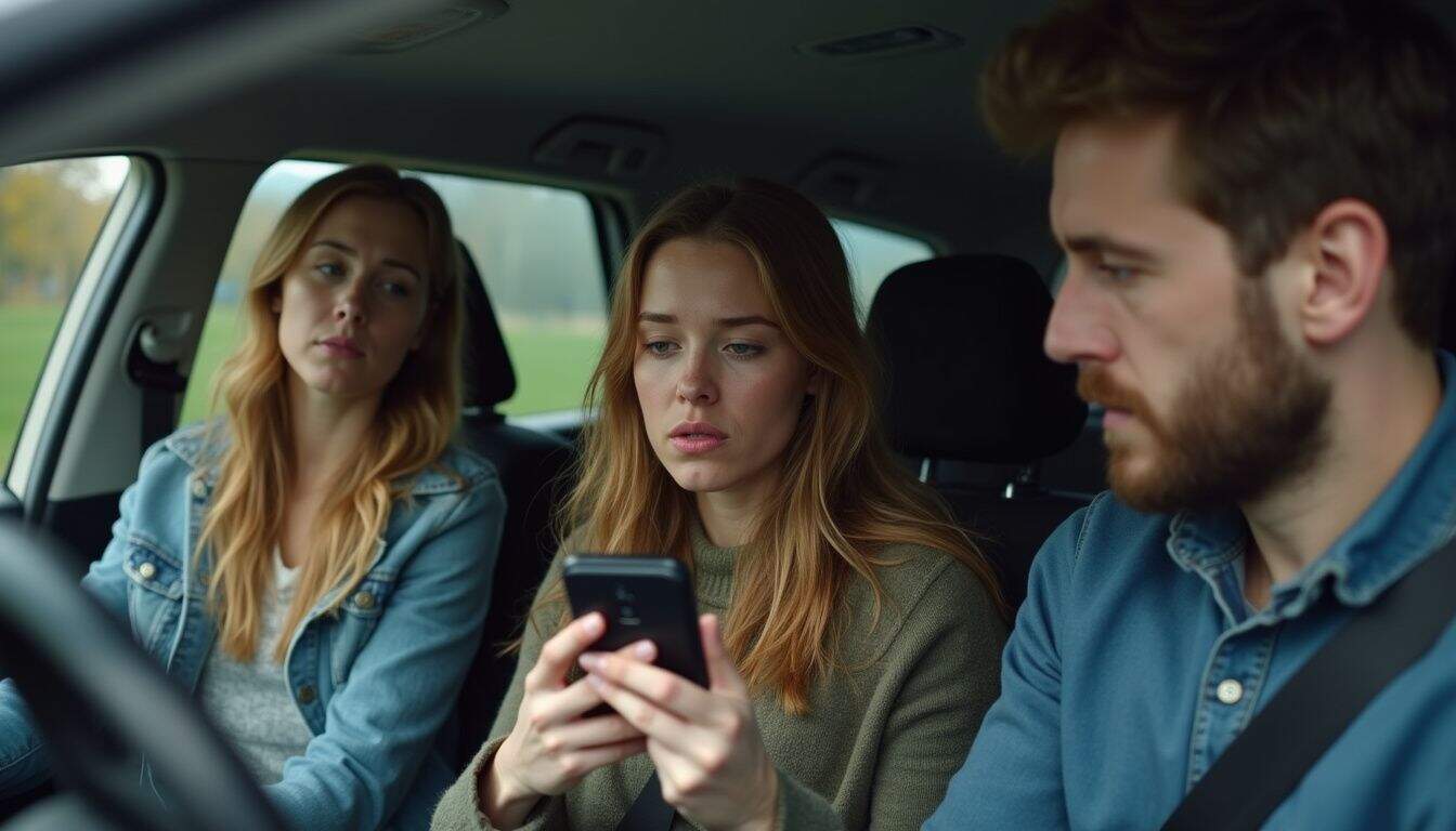 Driver calmly checking for injuries after a minor collision, phone in hand for photos.