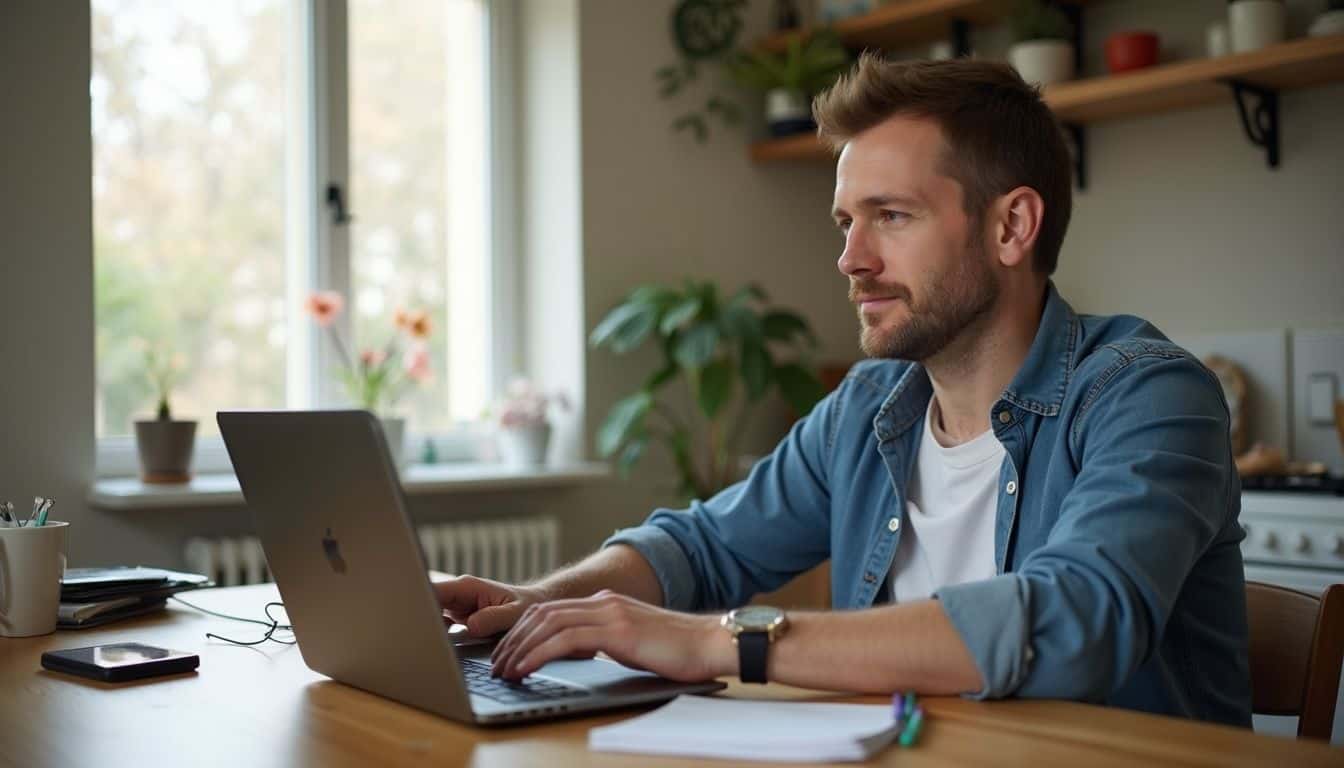 Man using an online therapy session at his kitchen table for flexible support.