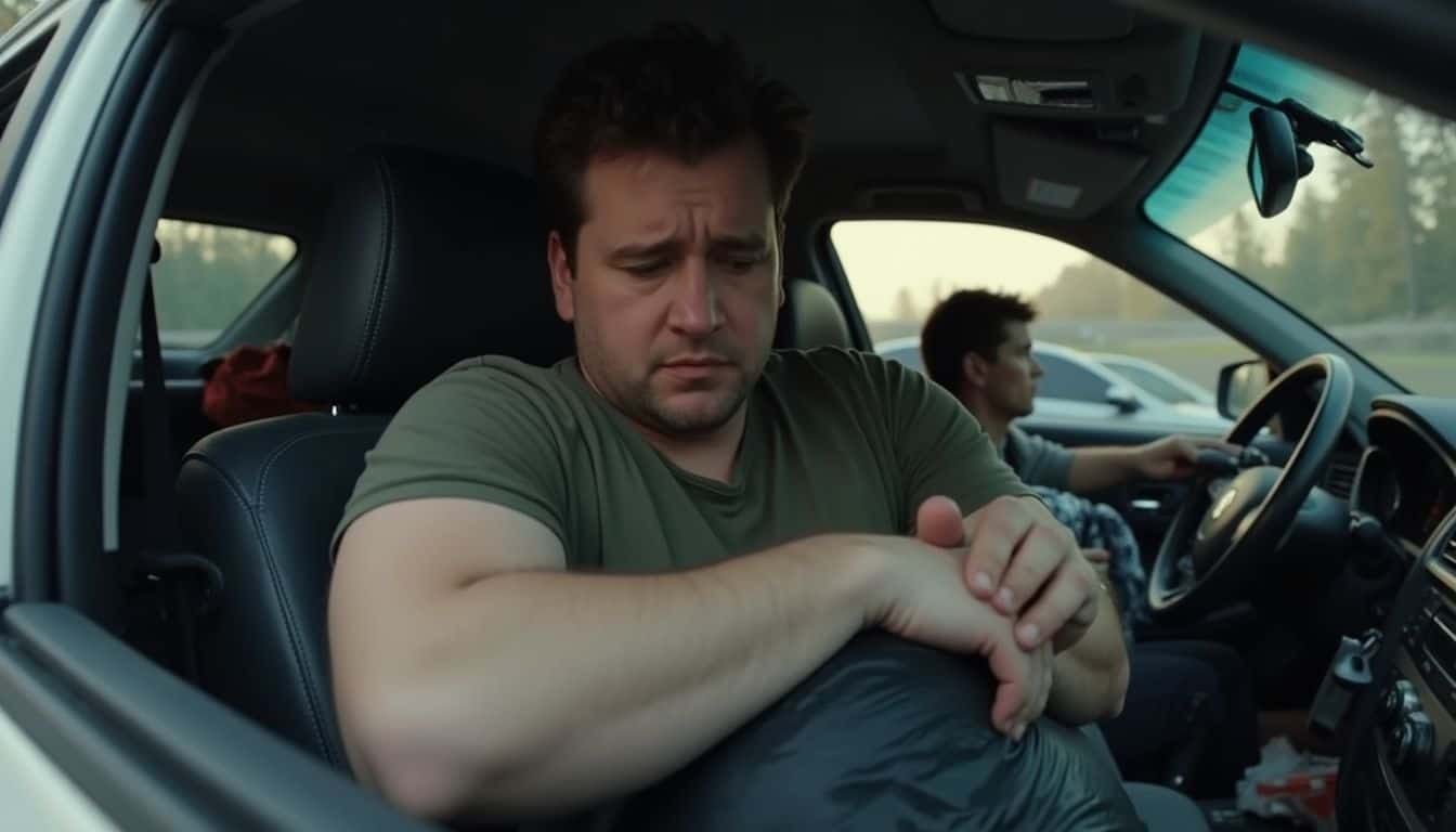 Driver sitting in a cluttered car after a crash, looking worried and tired.