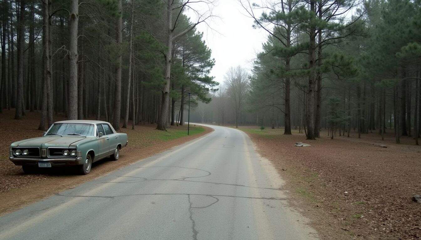 Dusty car along a tree-lined road, a slow and steady path forward.