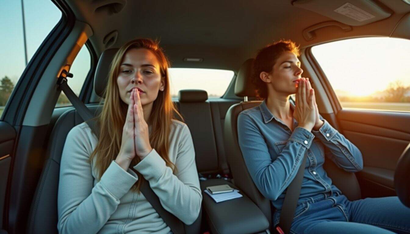 Two people talking calmly in a parked car before a short practice drive.