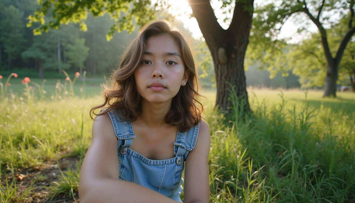 Person pausing among trees and flowers, using simple grounding skills.