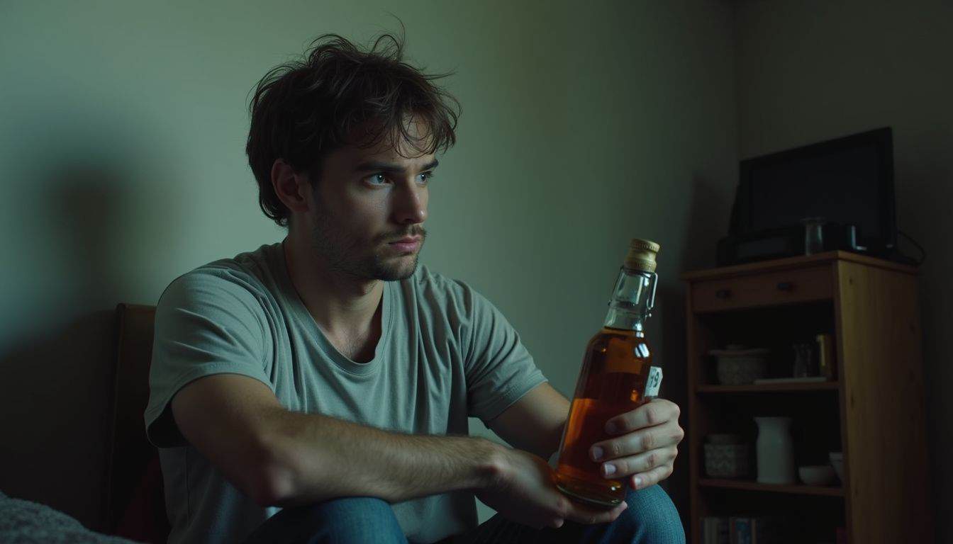 Man alone with a bottle, a common but harmful response to stress.