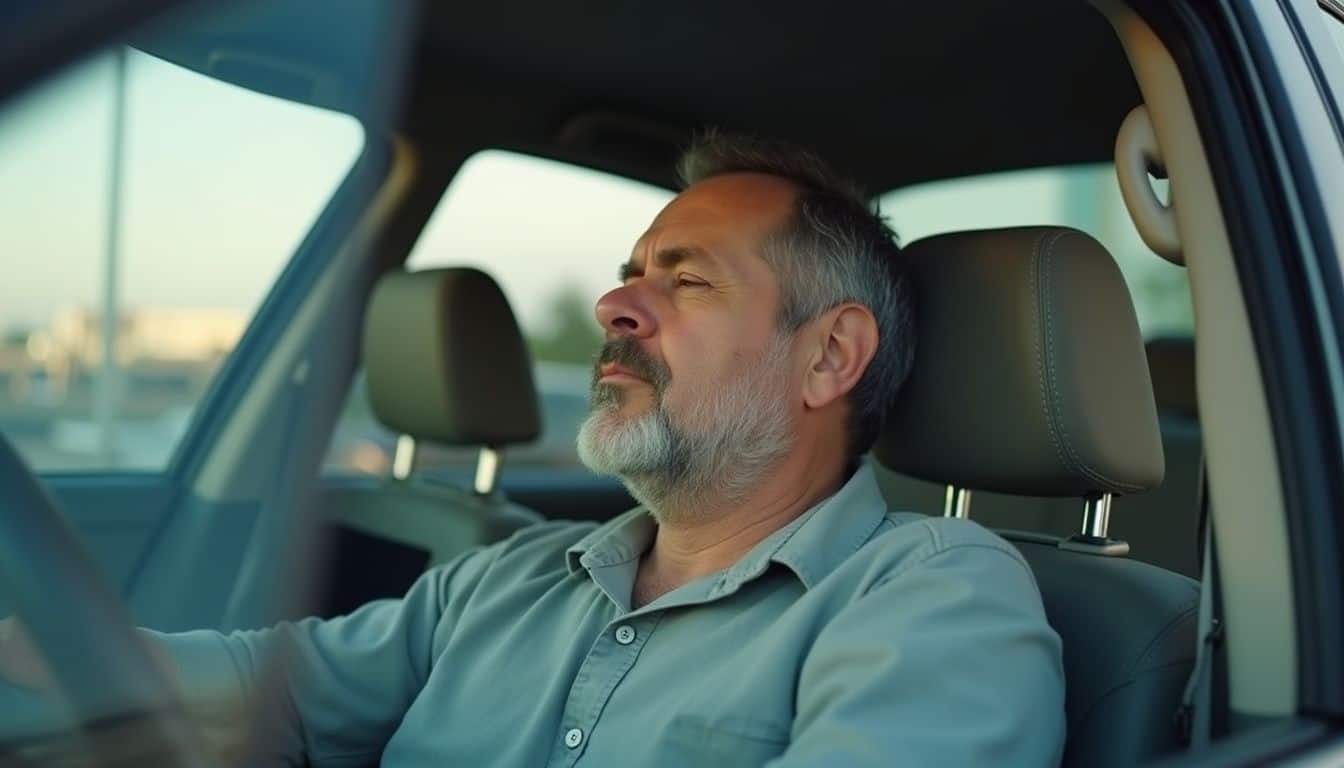Driver seated, eyes soft, practicing deep breathing before starting the engine.