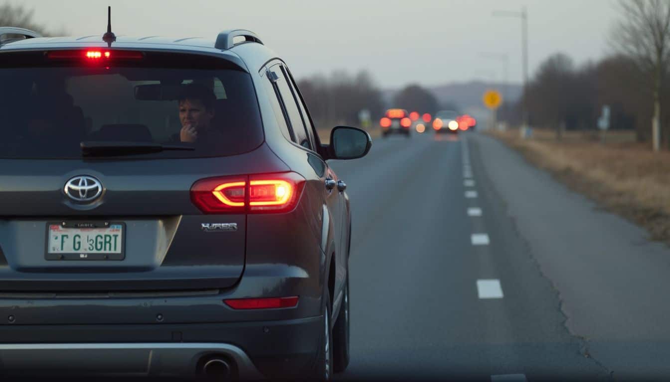 SUV on a shoulder with hazard lights on, driver taking a moment to regroup.