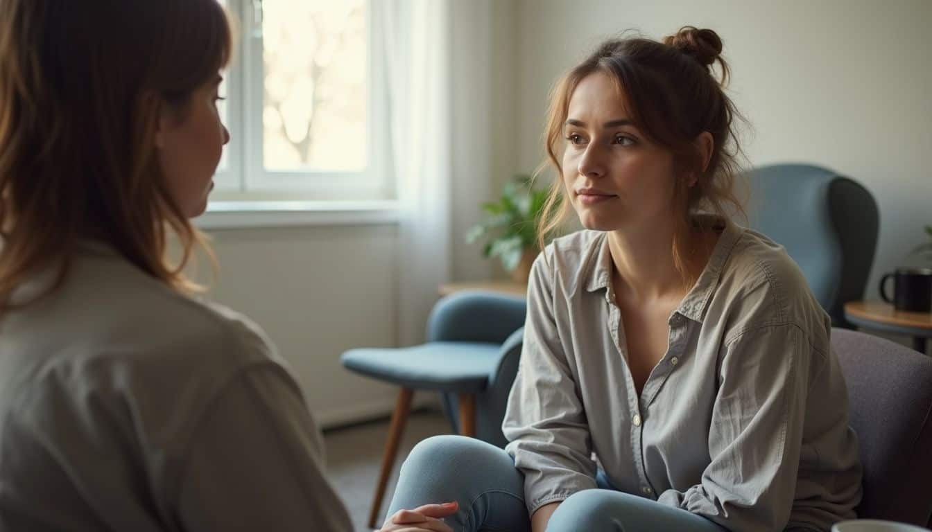 Client sharing feelings with a counselor in a calm therapy room.