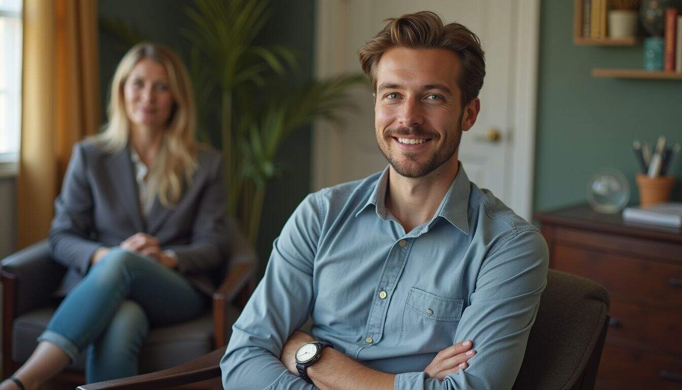 Man speaking with a therapist in a small counseling office.