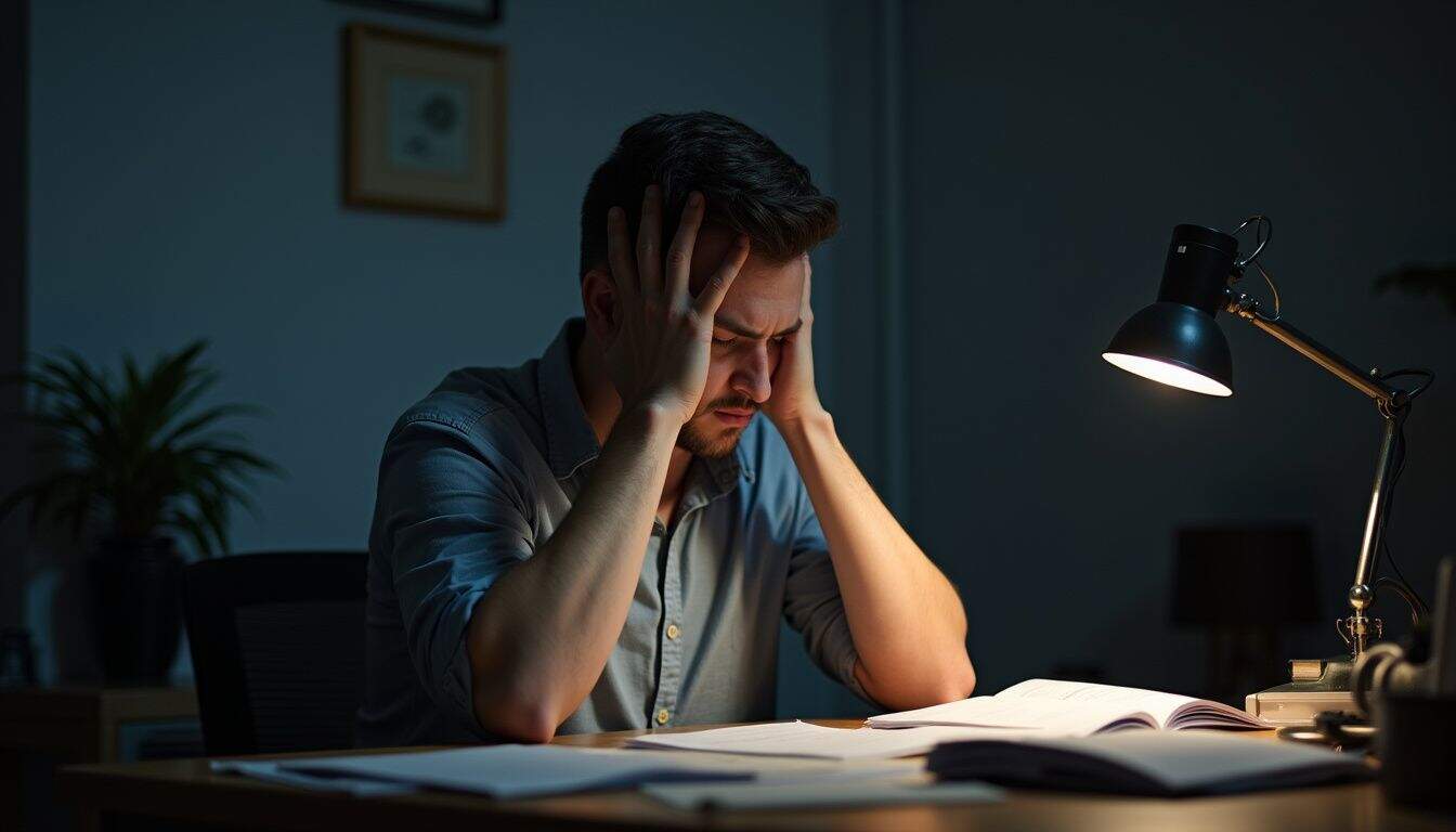 Man with head in hands at a cluttered desk, reacting to stressful news.