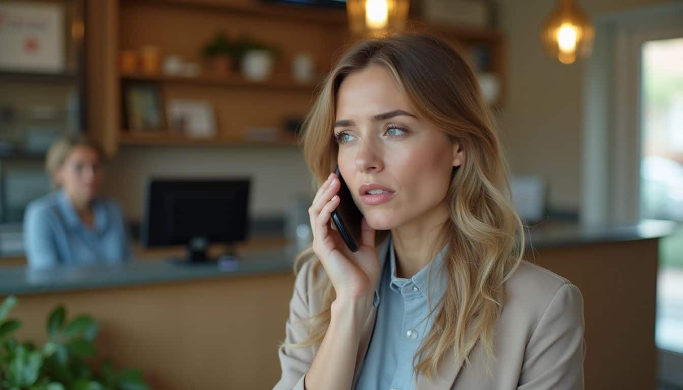 A guest phones the front desk from a small lobby to ask about canceling. A guest phones the front desk from a small lobby to ask about canceling.