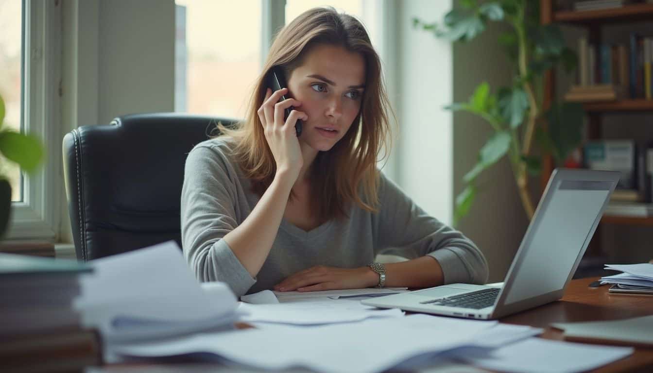 A traveler calls an insurer about a canceled trip while looking at policy papers. A traveler calls an insurer about a canceled trip while looking at policy papers.