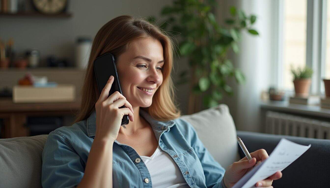 A guest sits on a sofa and calls the hotel with notes in hand. A guest sits on a sofa and calls the hotel with notes in hand.