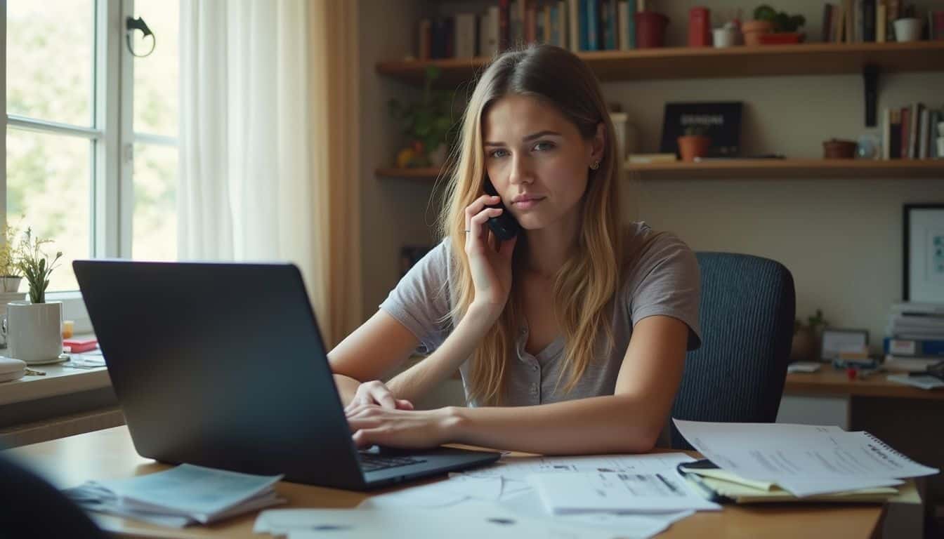 A caller at a desk explains an emergency to a hotel agent by phone. A caller at a desk explains an emergency to a hotel agent by phone.