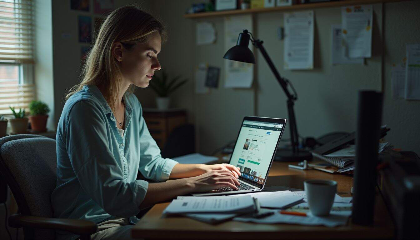 A traveler reads a hotel confirmation email on a computer at a cluttered desk. A traveler reads a hotel confirmation email on a computer at a cluttered desk.