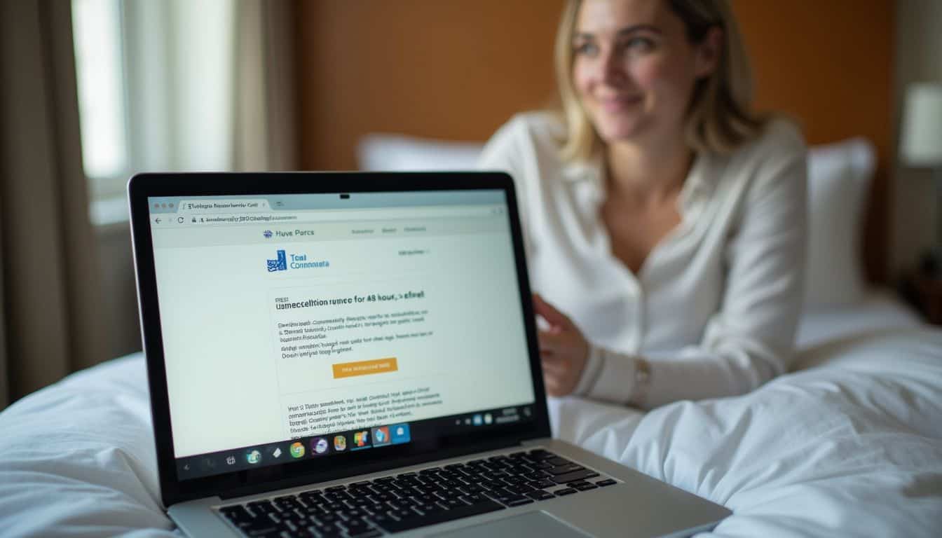 A traveler reviews a hotel confirmation on a laptop in a simple room. A traveler reviews a hotel confirmation on a laptop in a simple room.