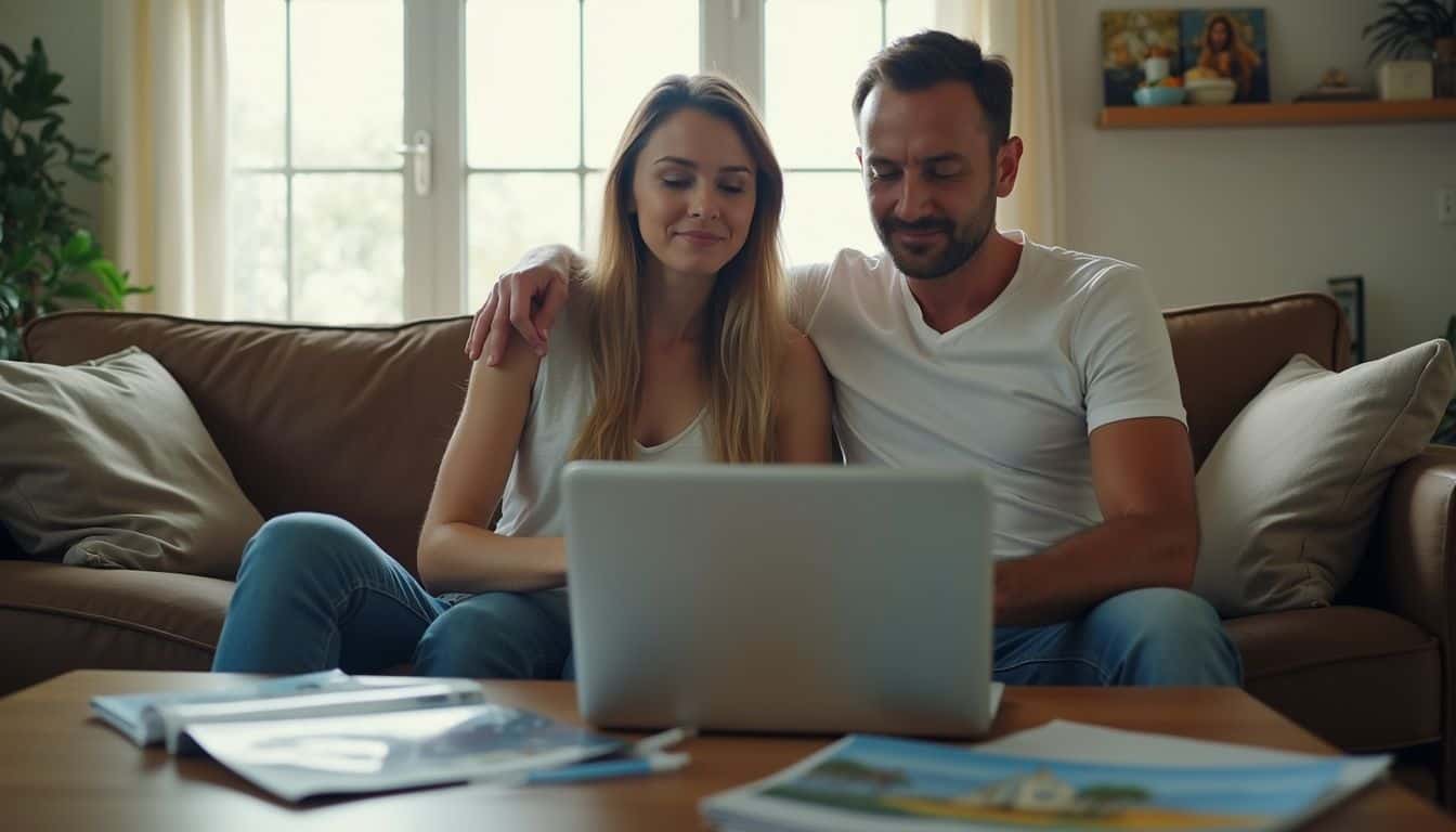 A couple checks trip plans and insurance options with travel brochures on a table.