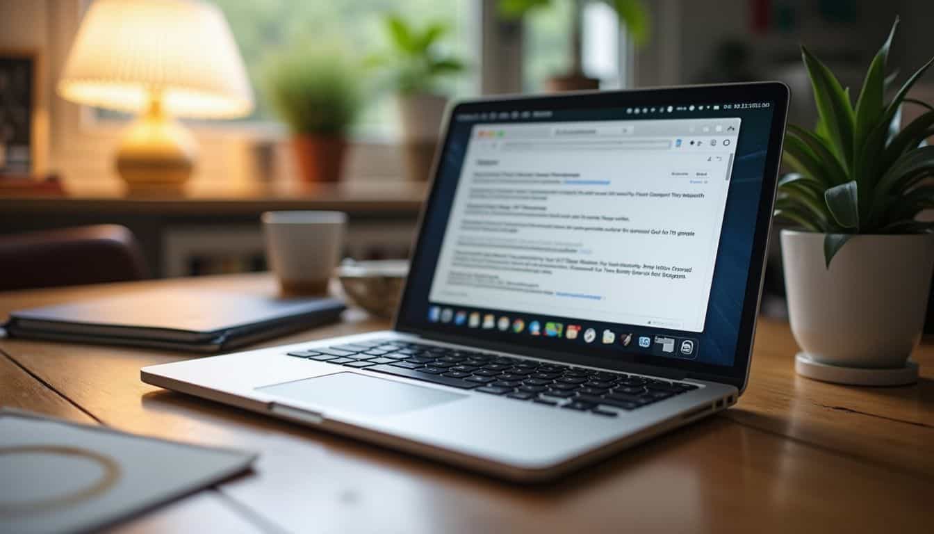 A laptop shows a reservation page in a tidy home office with travel items. A laptop shows a reservation page in a tidy home office with travel items.