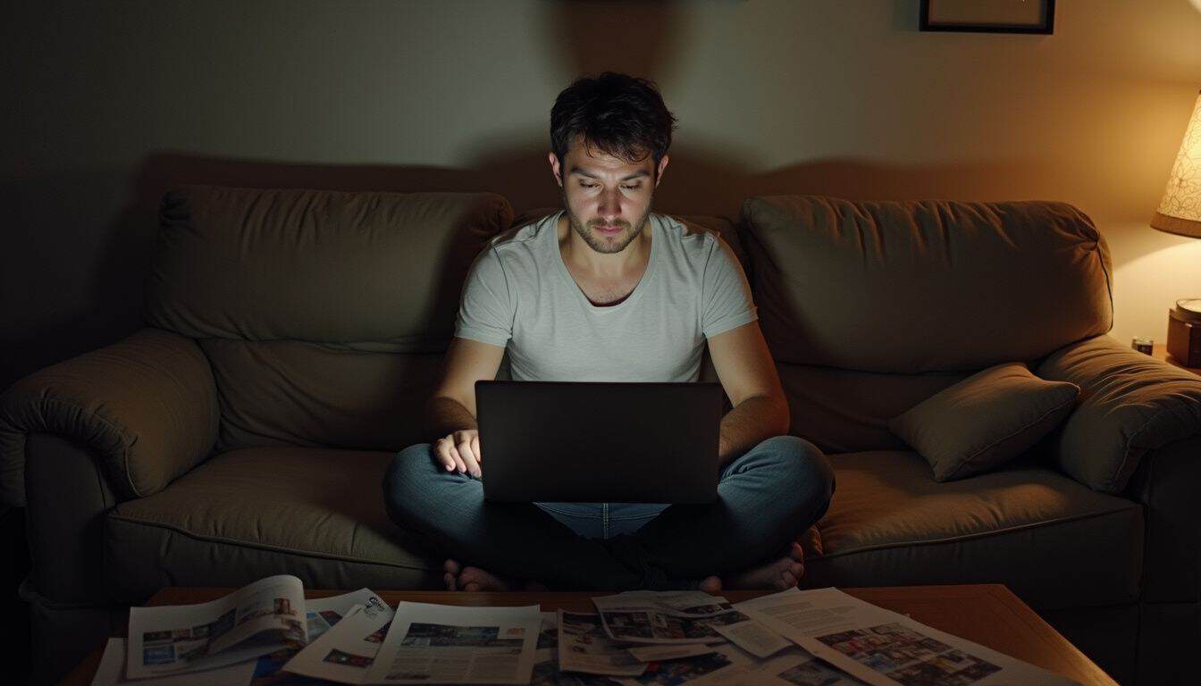 A person lists a prepaid room on a resale site from a couch with papers around. A person lists a prepaid room on a resale site from a couch with papers around.