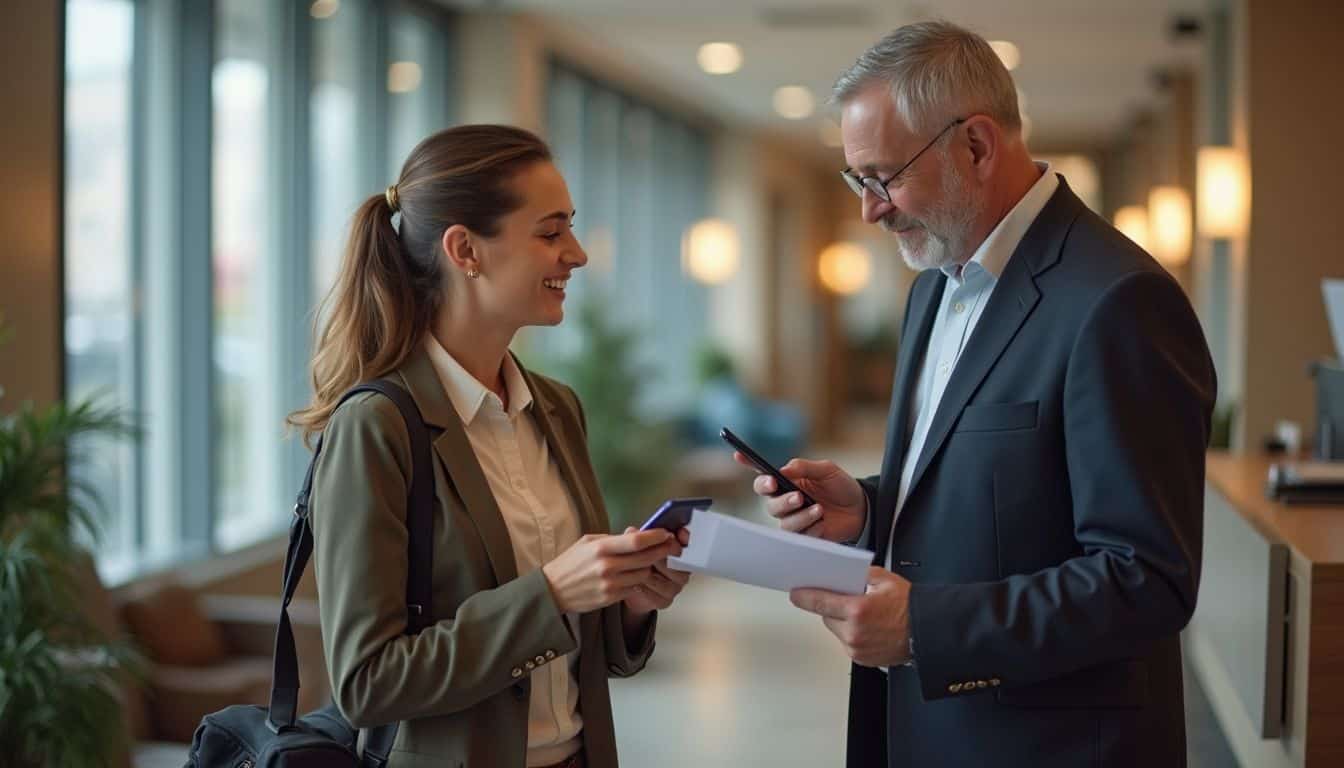 A guest discusses a date change with a hotel reservation agent at a desk. A guest discusses a date change with a hotel reservation agent at a desk.