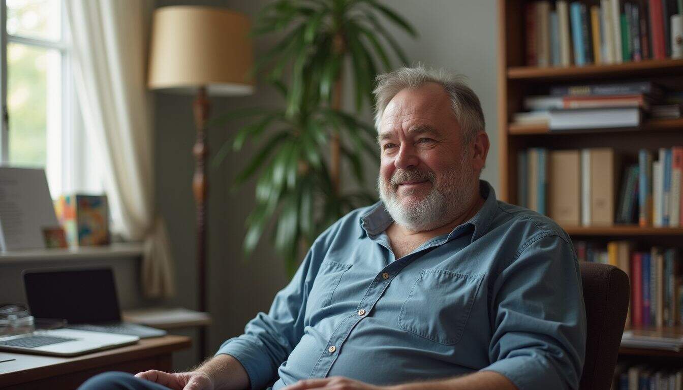 Man talking with a therapist in a relaxed office setting.