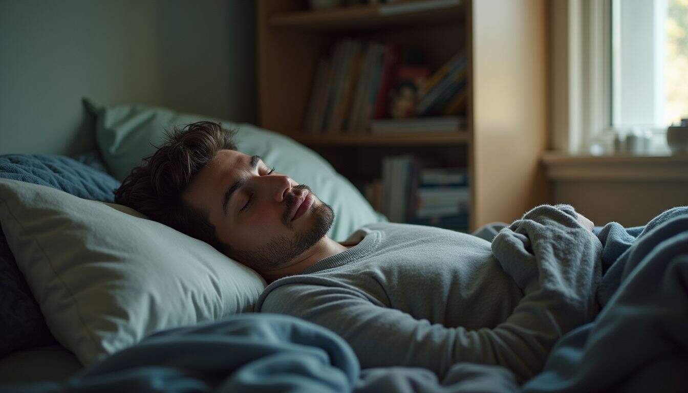 Man sleeping soundly in a dim bedroom after a long day.