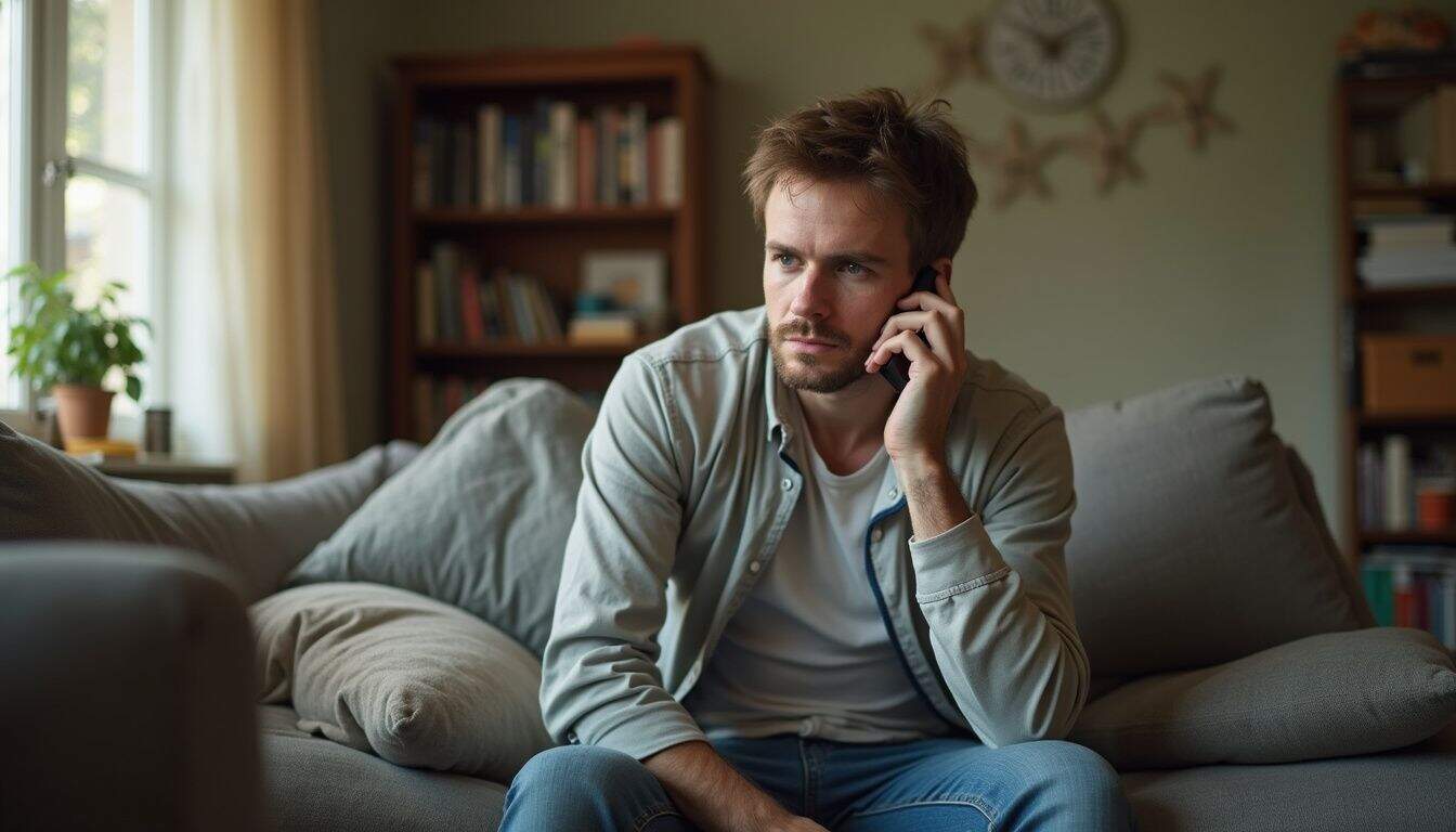 Man on a couch having a quiet phone chat with a friend.