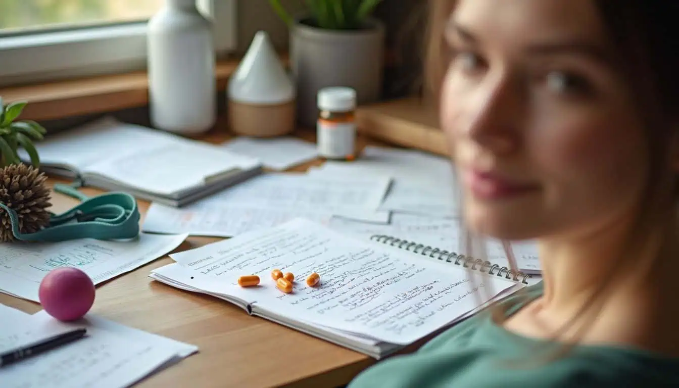 Desk with medical notes, therapy tools, and reminders for appointments.