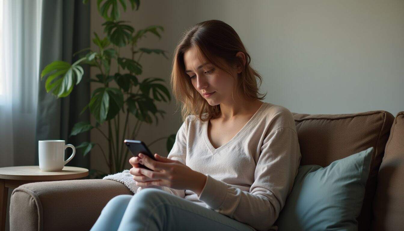 Woman resting on a couch and using a relaxation app on her phone.