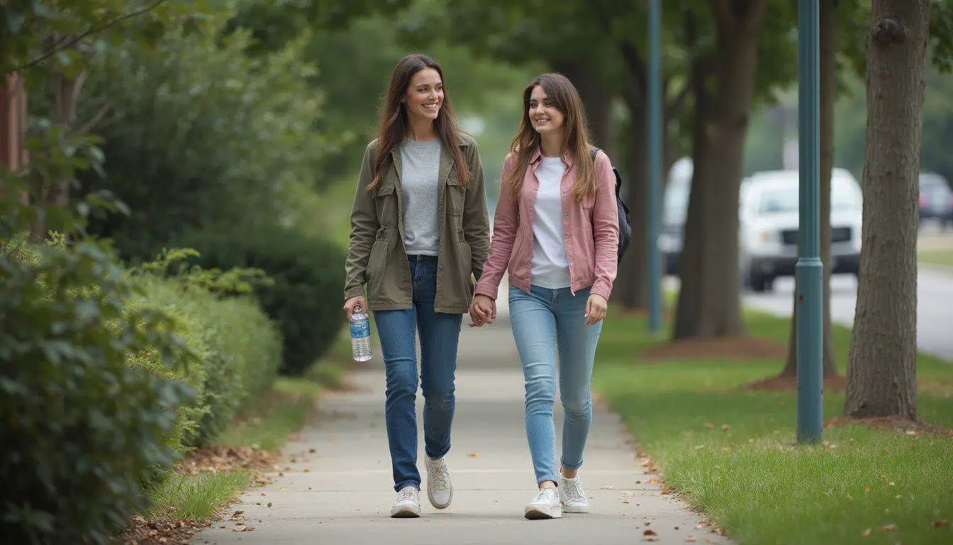 Two women walking on a quiet sidewalk lined with trees.
