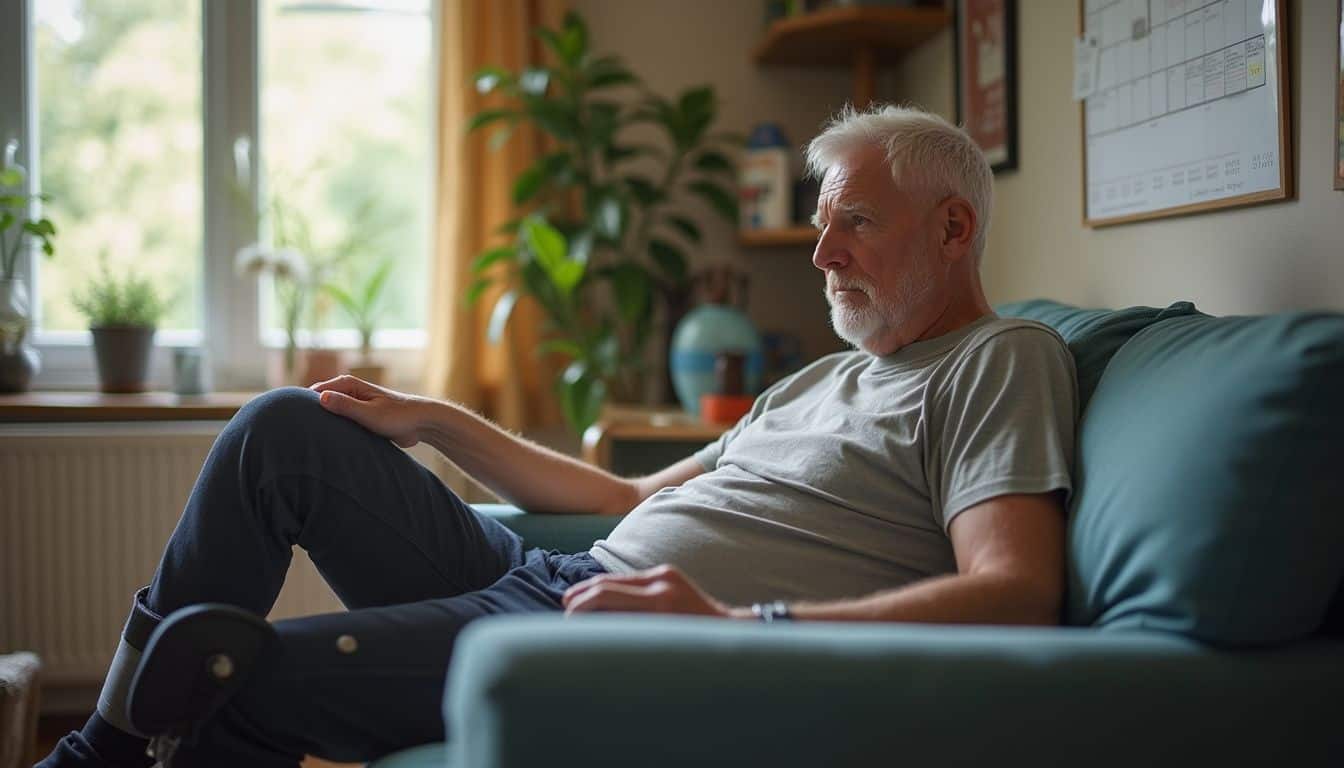 Man checking a calendar while holding a leg brace at home.