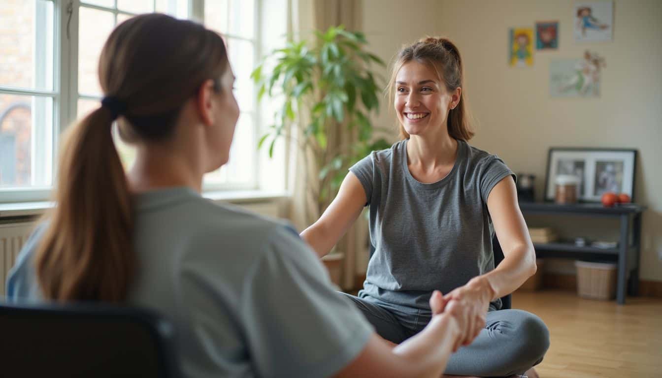 Patient working through gentle stretches with a therapist in rehab.