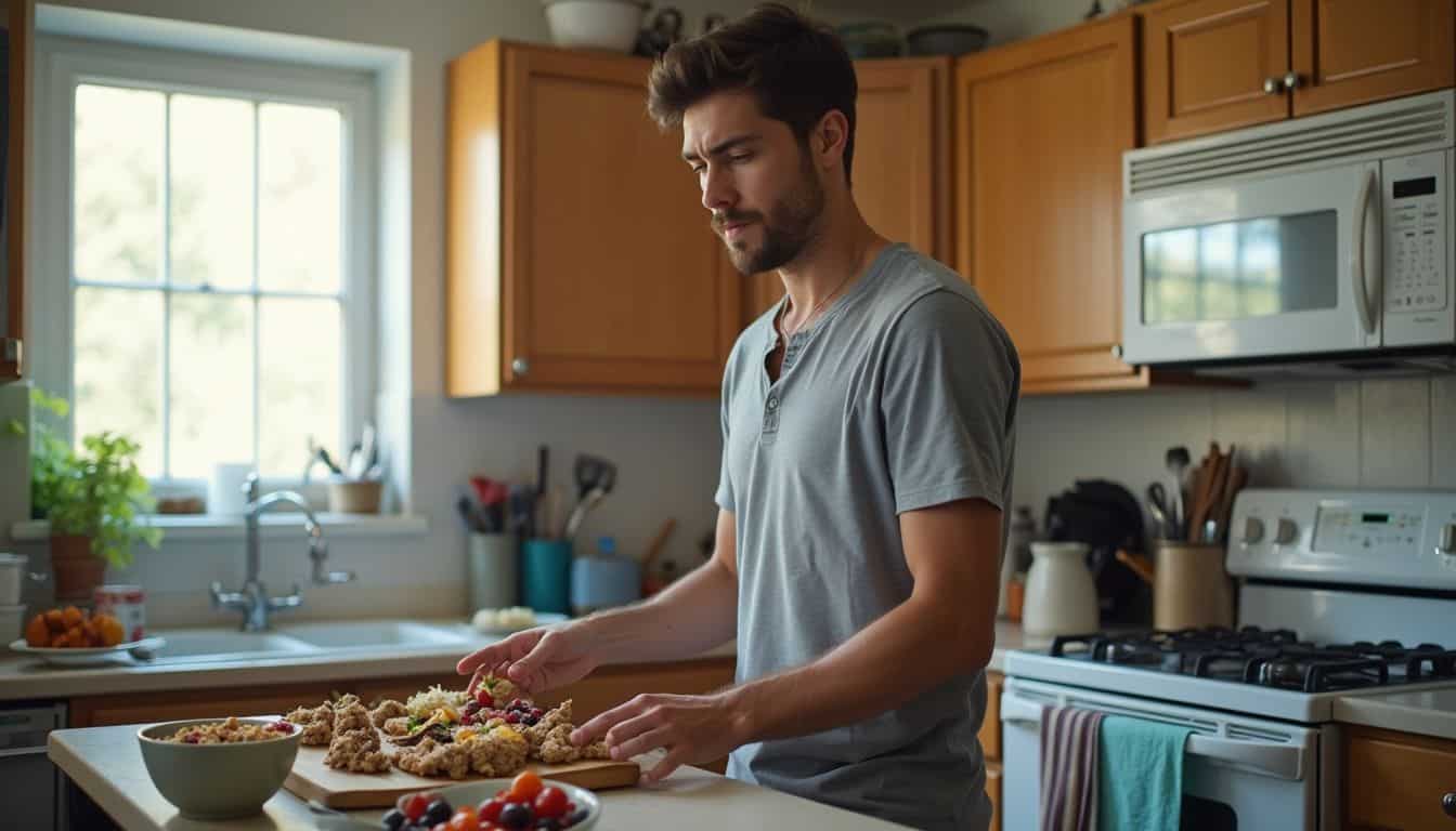 Man cooking a simple dinner in a cozy kitchen at home.