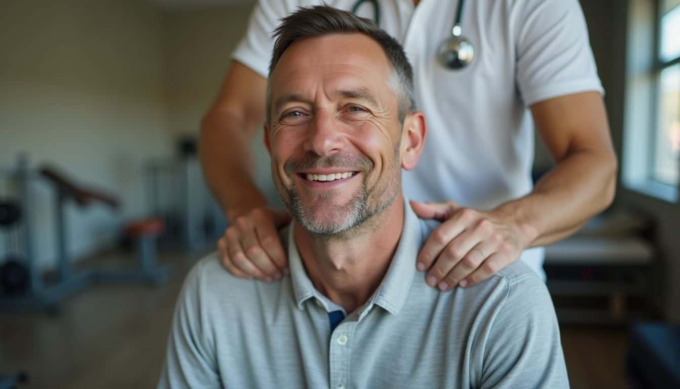 Therapist doing neck massage on a patient in a rehab gym.
