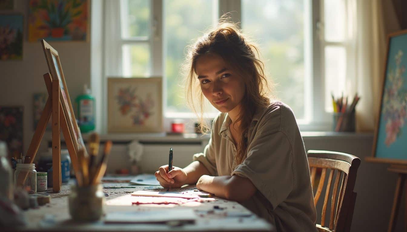 Woman painting at a table, using art to relax during recovery.