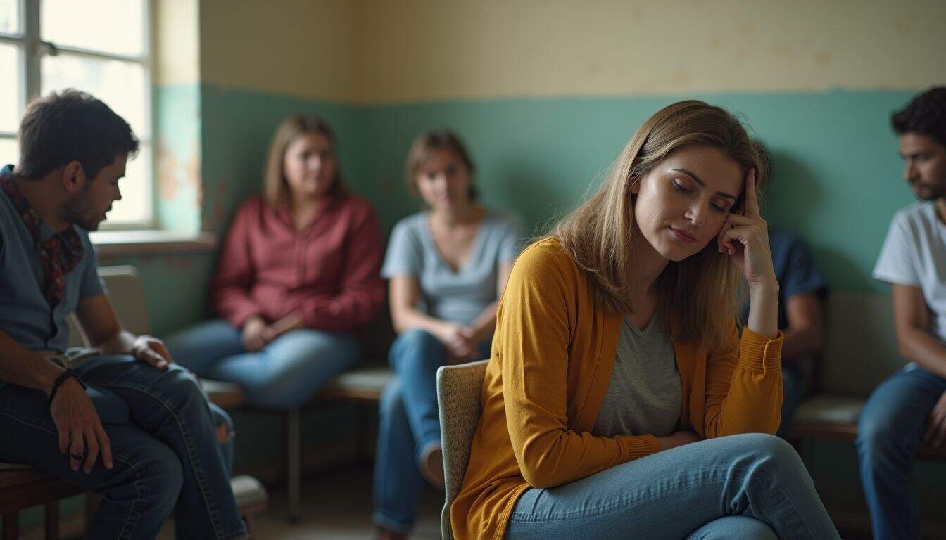Concerned woman waiting in a busy clinic lobby after a crash.
