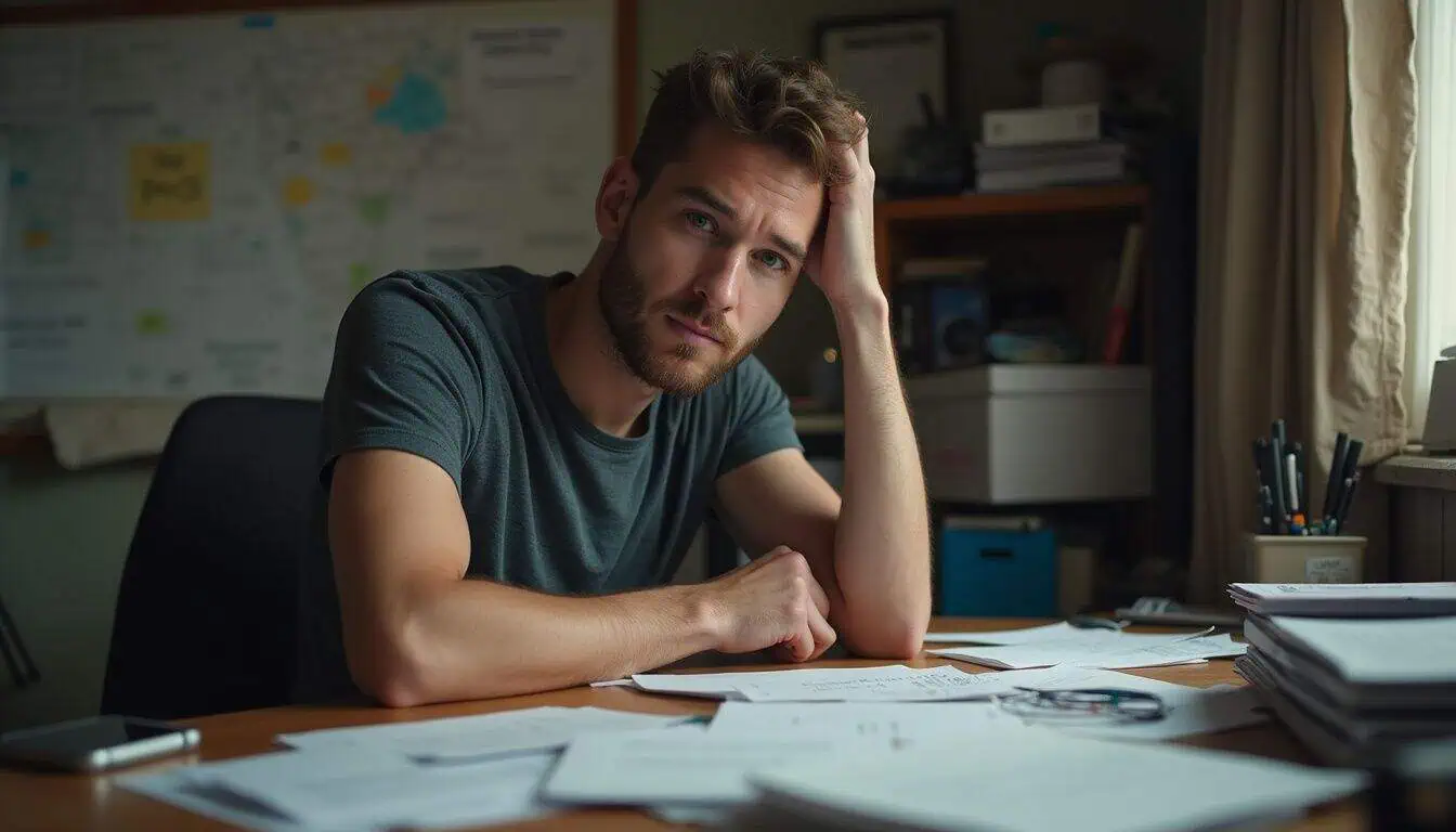 Man sitting alone and thinking, papers scattered on the table.