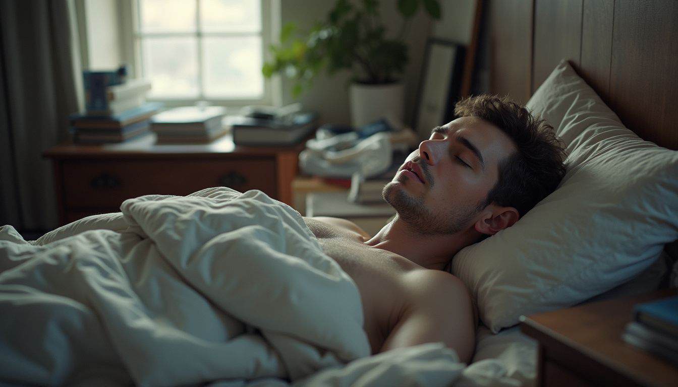 Man sleeping peacefully in a modest bedroom with soft lighting.