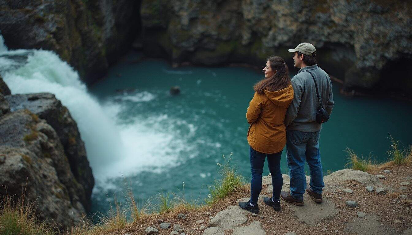 Two people consider a jump into a fast river, weighing thrill against safety. Two people consider a jump into a fast river, weighing thrill against safety.