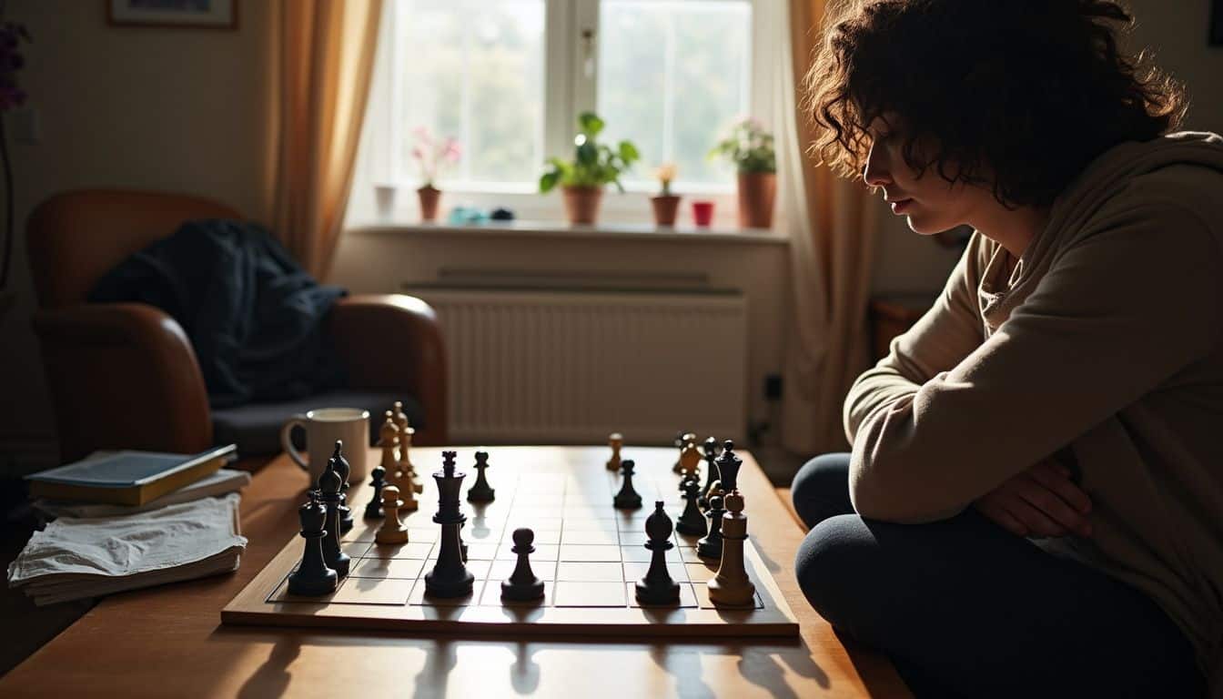 A person studies a chess board, weighing safe and risky moves. A person studies a chess board, weighing safe and risky moves.